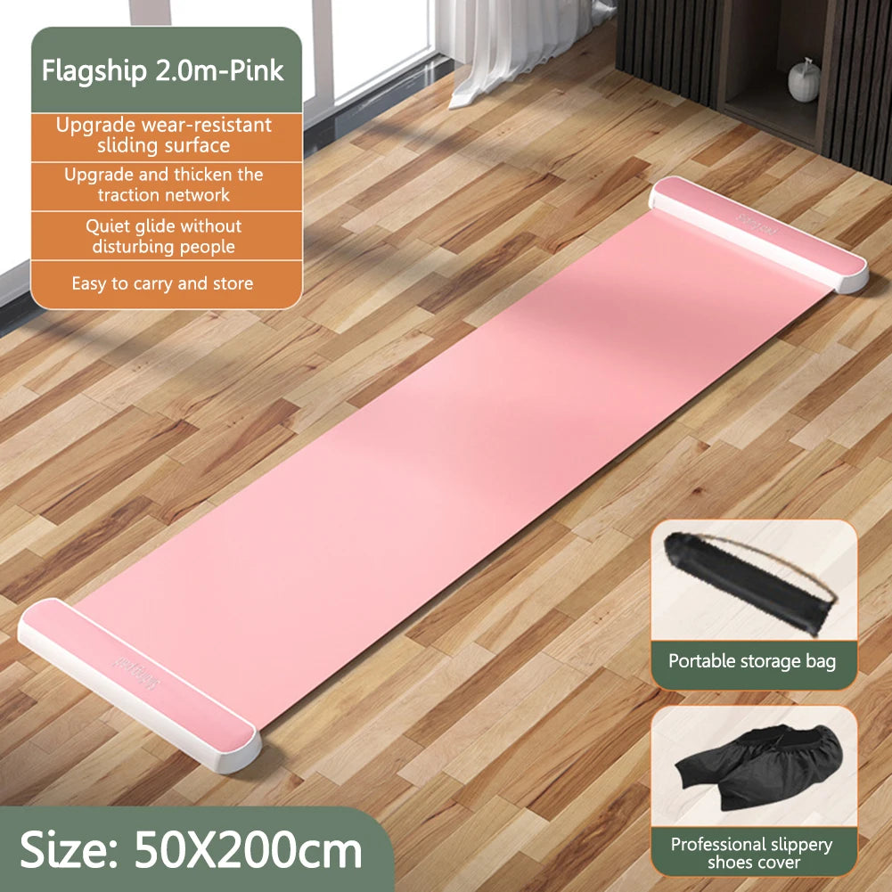 Yoga Sliding Mat Indoor Sport Fitness Glide Pilates Leg Core Training Board Mat for Ice Hockey Roller Skating Leg Exercise 200Cm