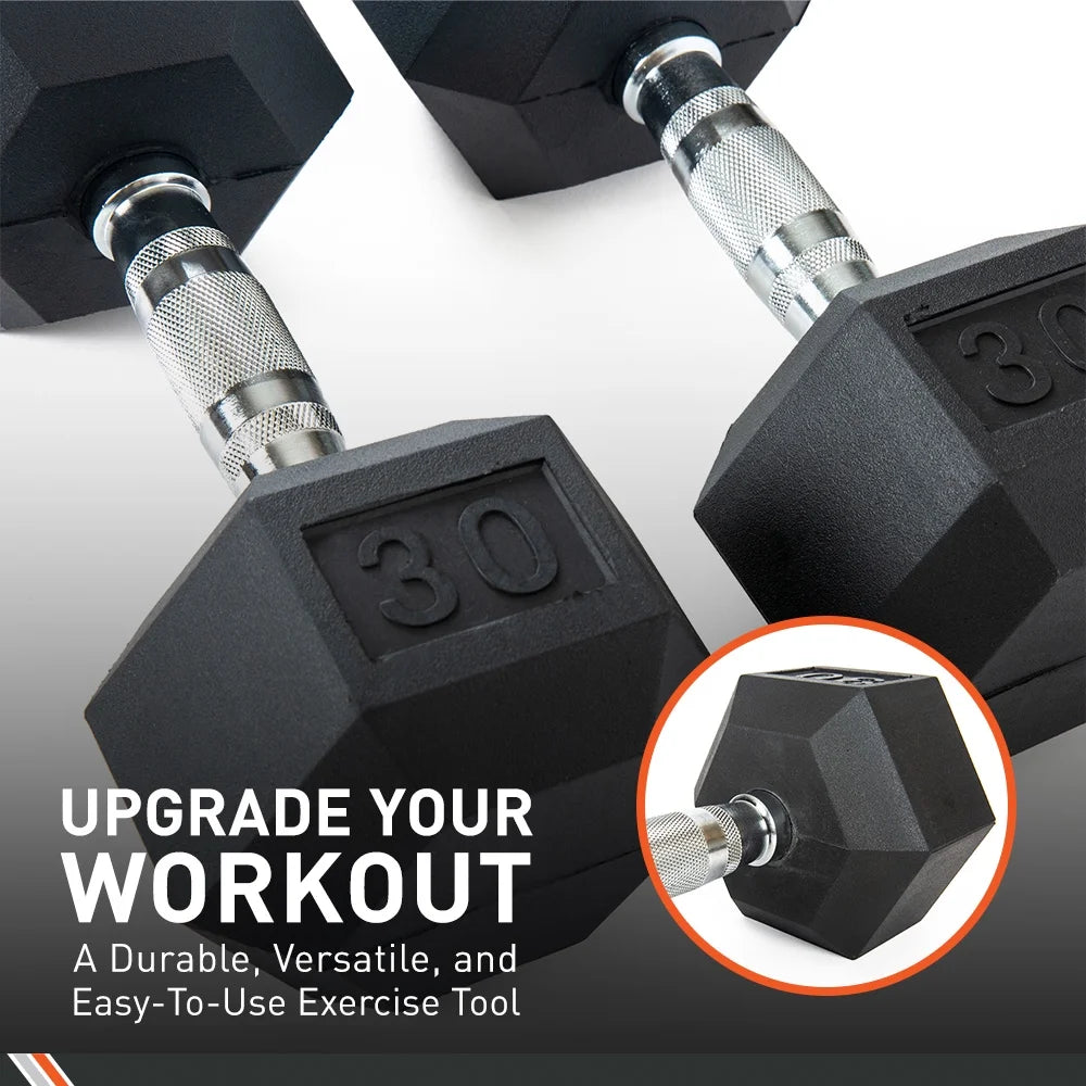 Rubber Encased Hex Dumbbell - Set of Two - Black/Metal - 60 Pounds