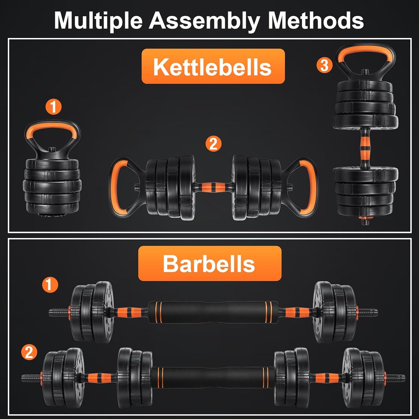 Adjustable Dumbbell Set, 22/44/66/88Lbs Free Weights Dumbbells for Home Gym, 4 in 1 Set, Barbell Set, Dumbbell Set, Kettlebell Set and Push-Ups, Non-Slip Handles, Fitness for Men Women